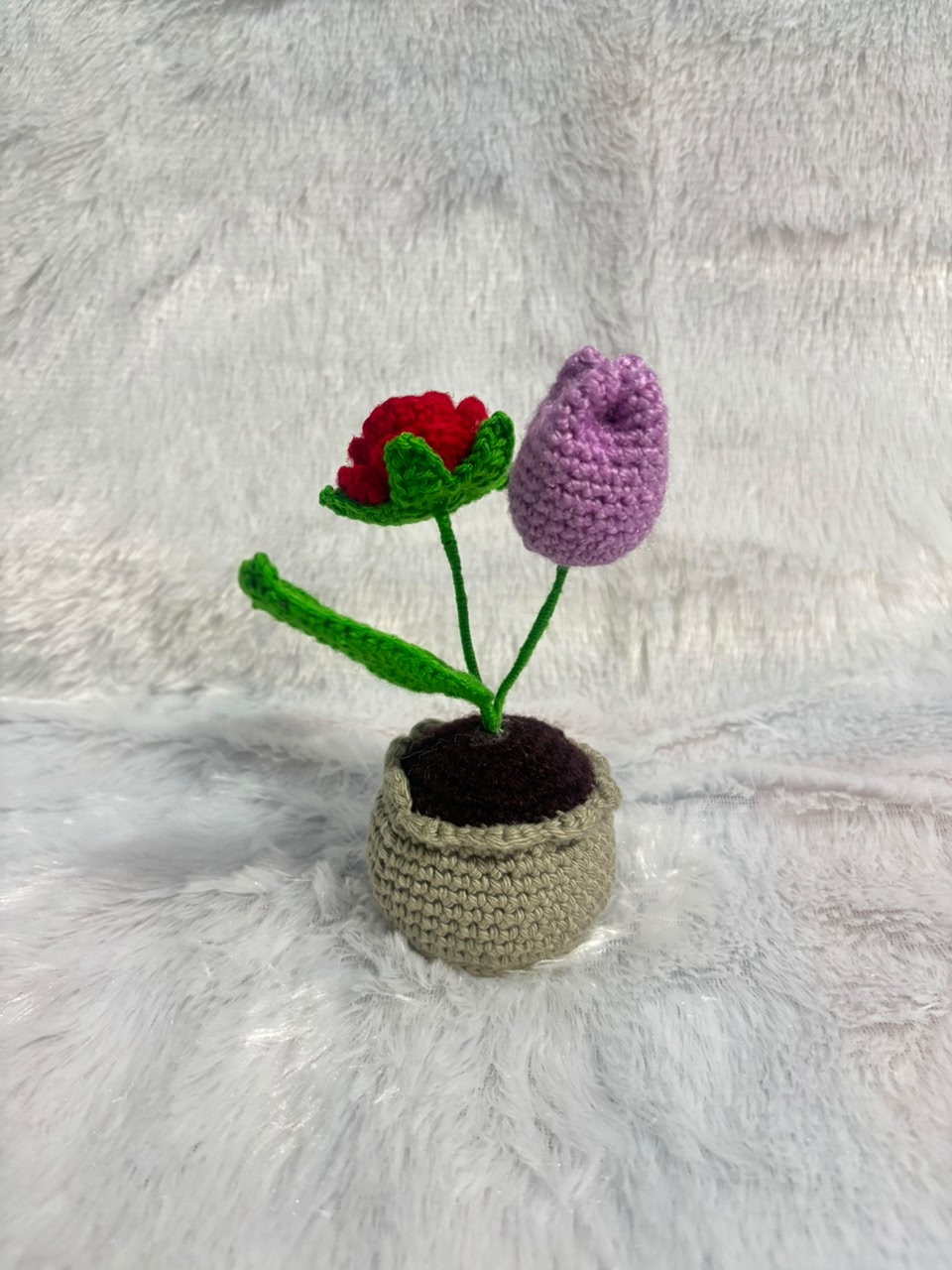 Ruby & Lavender Duet Handcrafted Crochet Rose & Tulip Pot