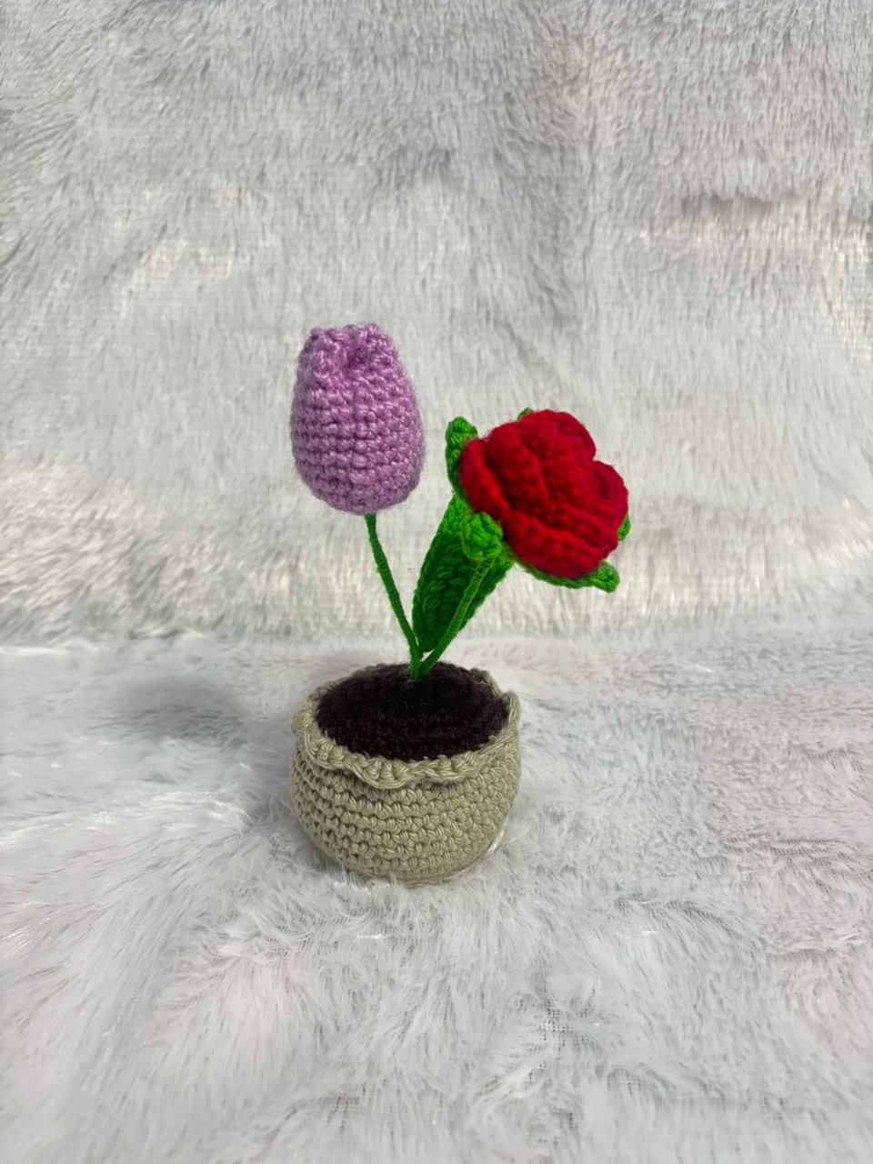 Ruby & Lavender Duet Handcrafted Crochet Rose & Tulip Pot