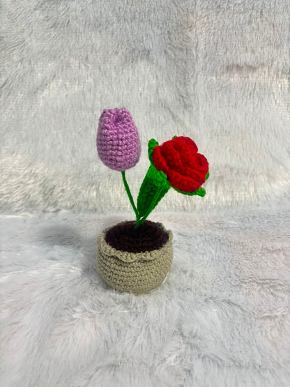 Ruby & Lavender Duet Handcrafted Crochet Rose & Tulip Pot