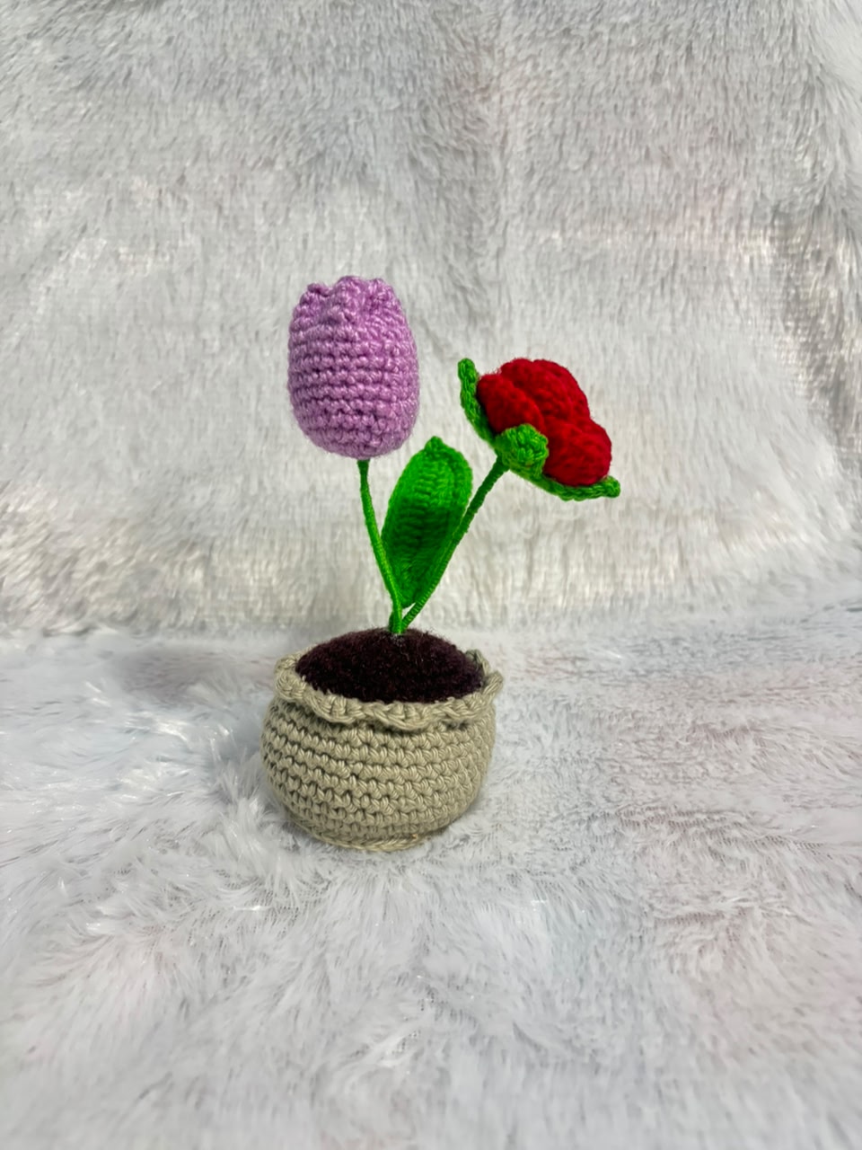 Ruby & Lavender Duet Handcrafted Crochet Rose & Tulip Pot