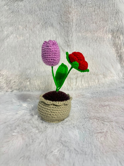 Ruby & Lavender Duet Handcrafted Crochet Rose & Tulip Pot