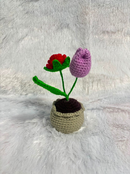 Ruby & Lavender Duet Handcrafted Crochet Rose & Tulip Pot