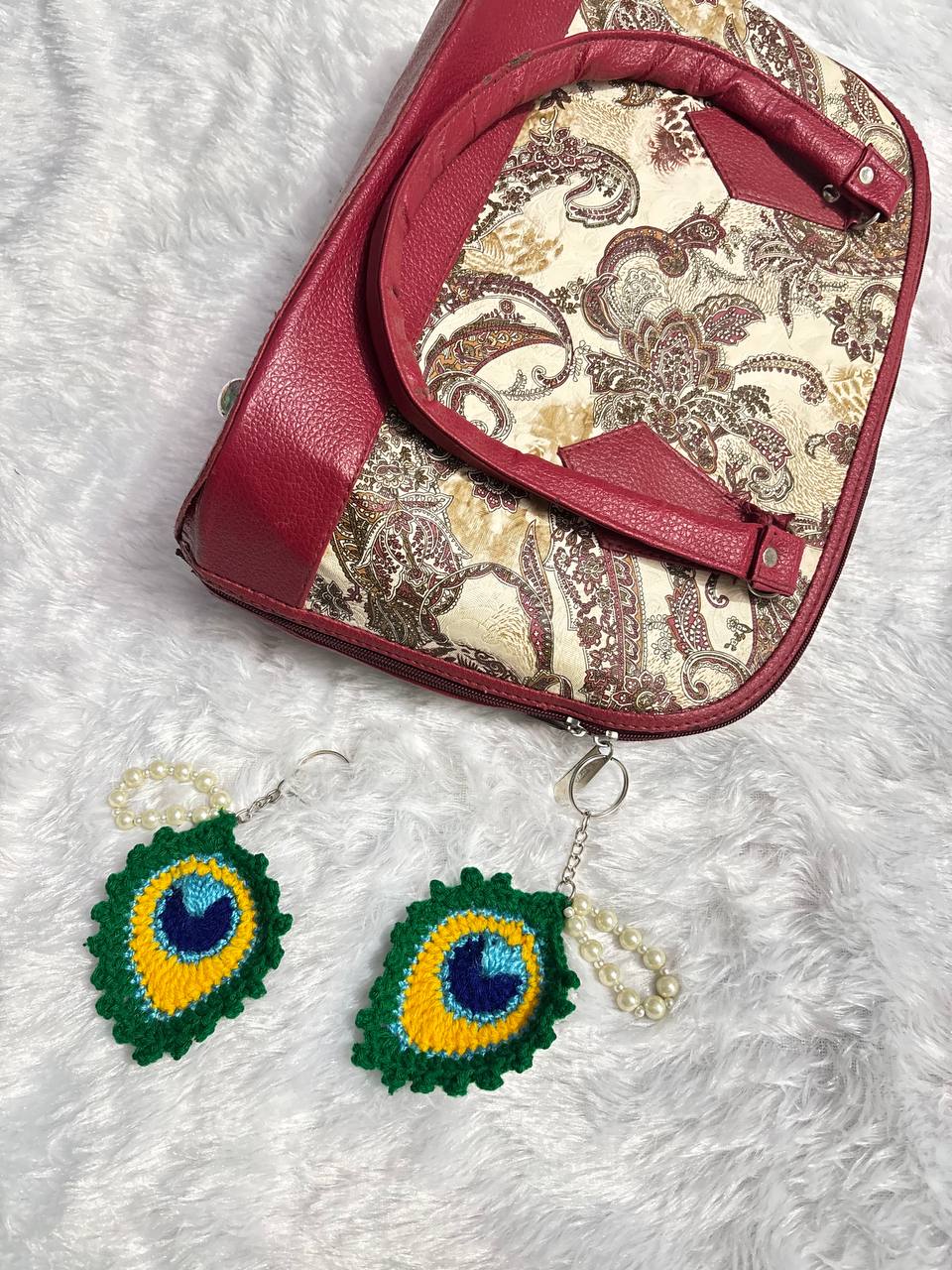 MorPankh Royale PearlDrop Crochet Peacock Feather Keychain